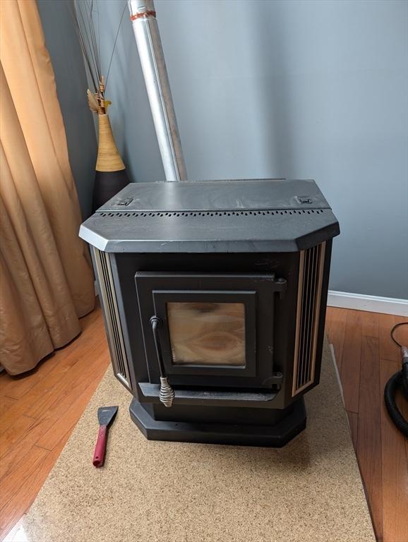 room details with wood-type flooring and a wood stove