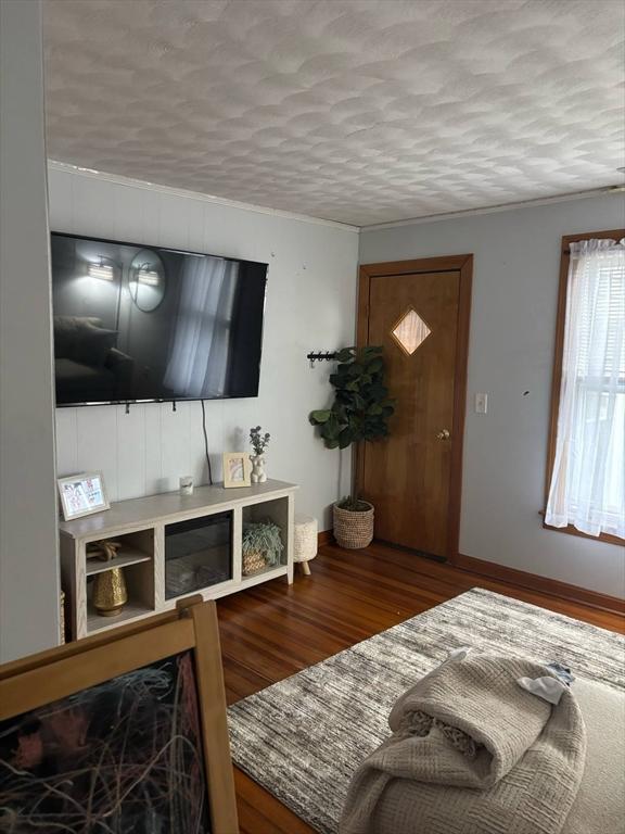 12 Woodmont St, Westfield, MA 01085 - living area with wood finished floors, a textured ceiling, baseboards, and ornamental molding