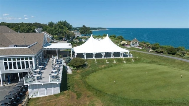 bird's eye view with a water view