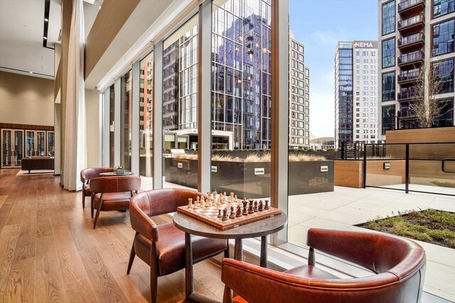 lobby with a city view