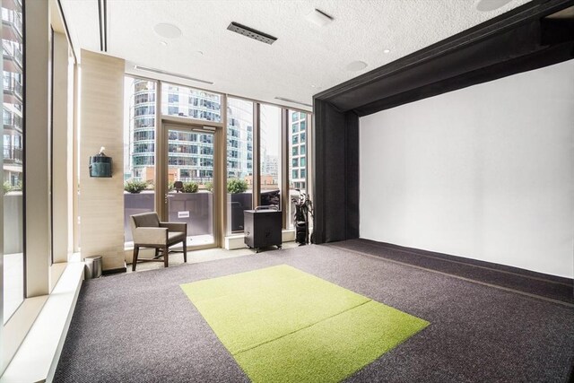 interior space with golf simulator and a textured ceiling