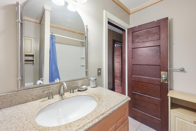 73 Biltmore St, Springfield, MA 01108 - full bathroom featuring vanity, a shower with shower curtain, ornamental molding, and tile patterned floors