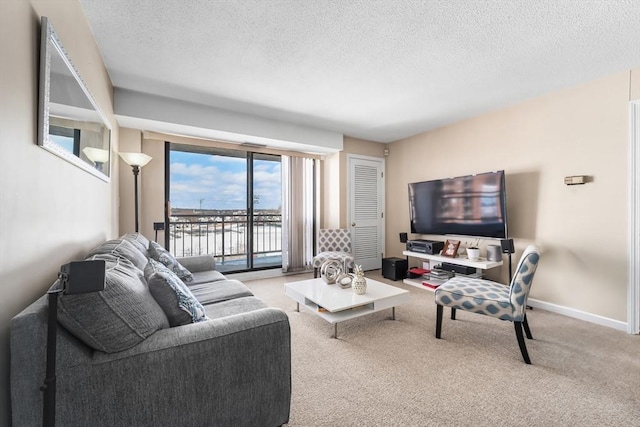 living area with carpet floors, baseboards, and a textured ceiling