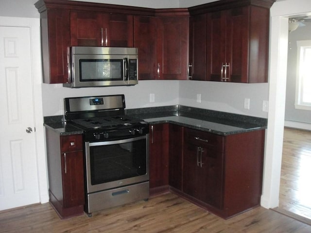 kitchen with dark brown cabinets, stainless steel appliances, and light wood-type flooring