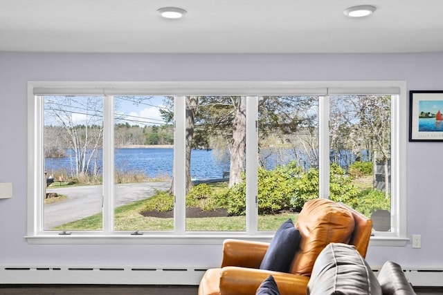 9 Lily Pond Ln, Cohasset, MA 02025 - interior space with a baseboard radiator, a water view, and a baseboard heating unit