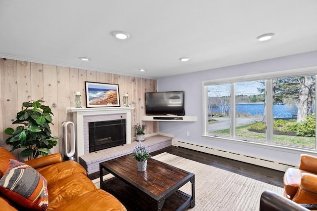 9 Lily Pond Ln, Cohasset, MA 02025 - living area featuring baseboard heating, a fireplace, wood walls, recessed lighting, and wood finished floors