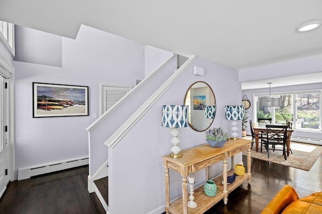 9 Lily Pond Ln, Cohasset, MA 02025 - interior space featuring stairs, recessed lighting, a baseboard heating unit, and wood finished floors