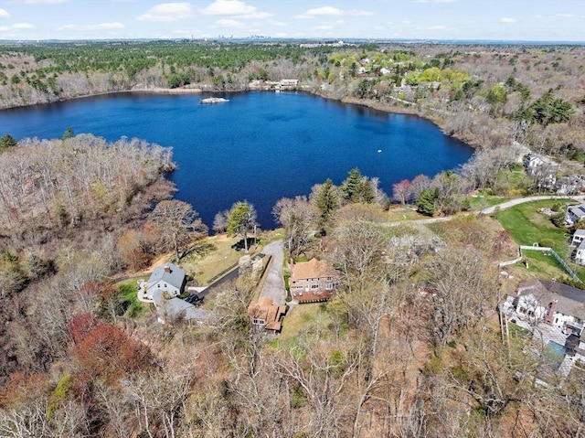 9 Lily Pond Ln, Cohasset, MA 02025 - birds eye view of property with a water view and a wooded view
