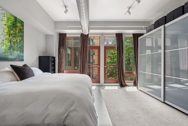 carpeted bedroom featuring access to exterior and track lighting