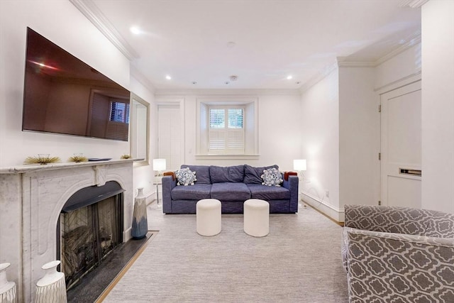 living room with crown molding