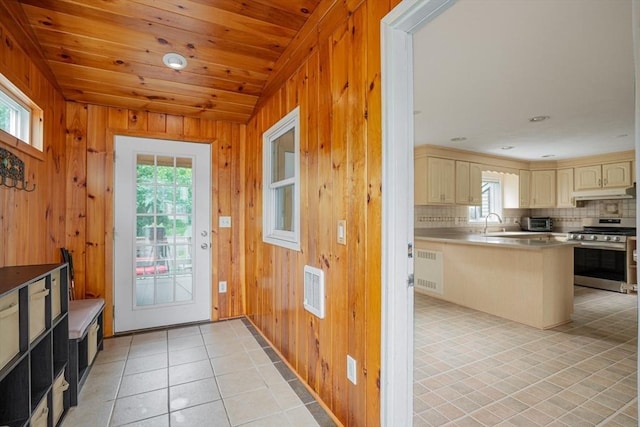 48 Rosemont St Unit 48, Haverhill, MA 01830 - doorway featuring light tile patterned floors, vaulted ceiling, wood walls, radiator, and recessed lighting