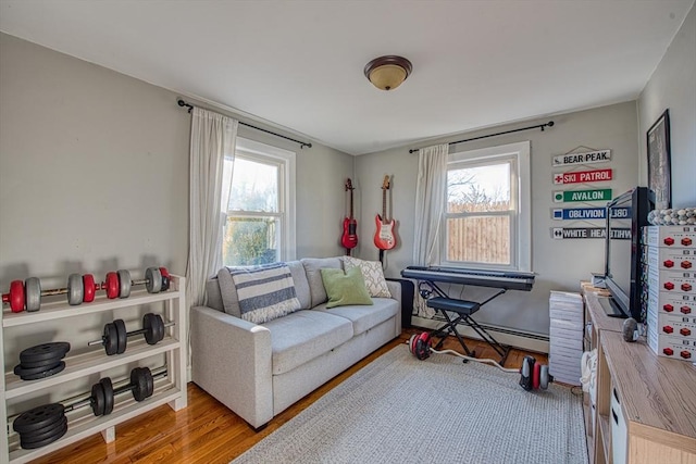 living area featuring baseboard heating and wood-type flooring