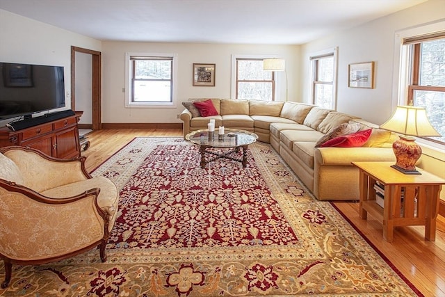 living room featuring light wood-type flooring and a wealth of natural light