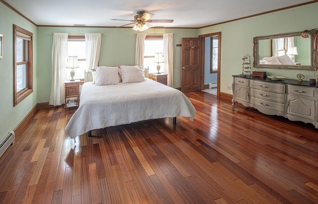 bedroom with ceiling fan, a baseboard radiator, dark hardwood / wood-style floors, and ornamental molding