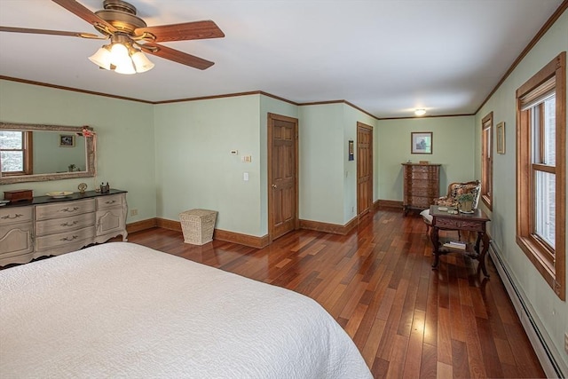 bedroom with crown molding, ceiling fan, dark hardwood / wood-style flooring, and a baseboard radiator