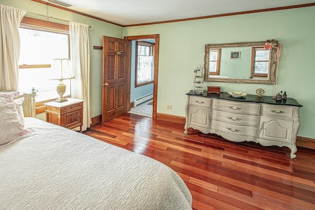 bedroom with ornamental molding, a baseboard radiator, and dark wood-type flooring