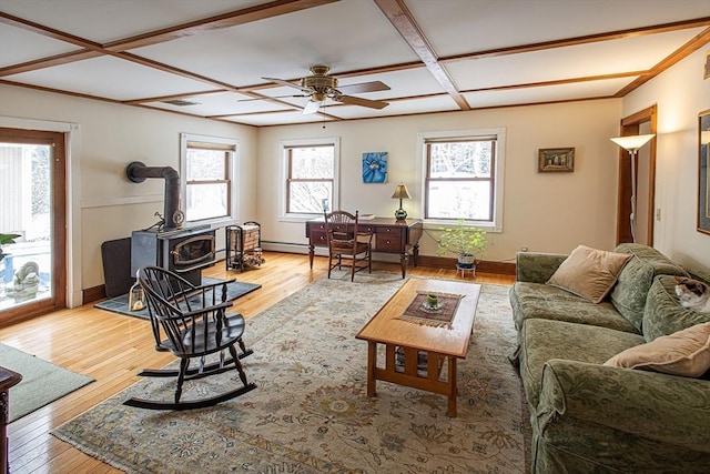 living room featuring a wood stove, a healthy amount of sunlight, coffered ceiling, and light wood-type flooring