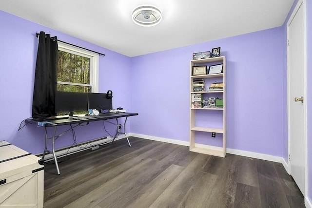 office featuring dark wood-type flooring and baseboards