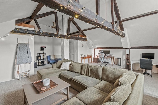 living room with high vaulted ceiling, beam ceiling, carpet flooring, and ceiling fan