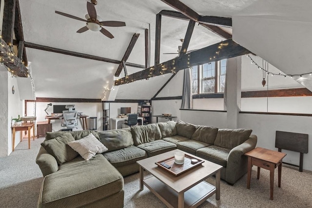 living room featuring vaulted ceiling with beams, ceiling fan, and carpet flooring