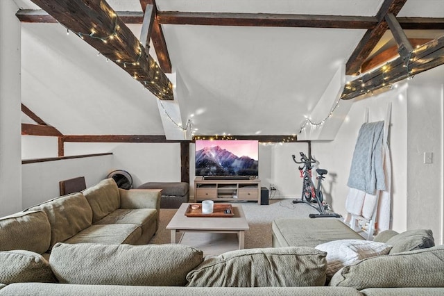 interior space featuring vaulted ceiling with beams and carpet