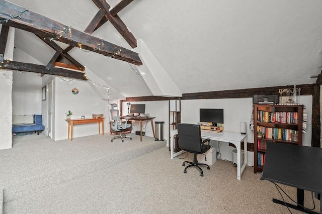 office space featuring carpet floors and vaulted ceiling with beams