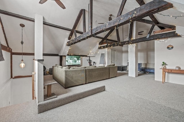 living room featuring vaulted ceiling with beams, ceiling fan, and carpet flooring