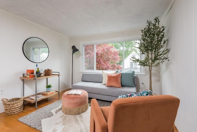 living area featuring wood finished floors and ornamental molding