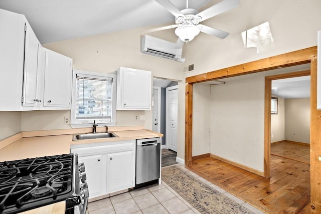 4 Morrison Way, Lakeville, MA 02347 - kitchen with appliances with stainless steel finishes, a wall mounted AC, light countertops, white cabinetry, and ceiling fan