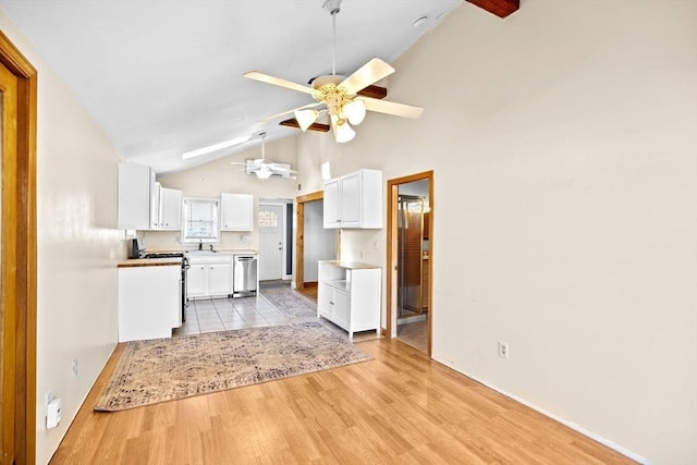 4 Morrison Way, Lakeville, MA 02347 - unfurnished living room featuring a ceiling fan, light wood-style flooring, and high vaulted ceiling