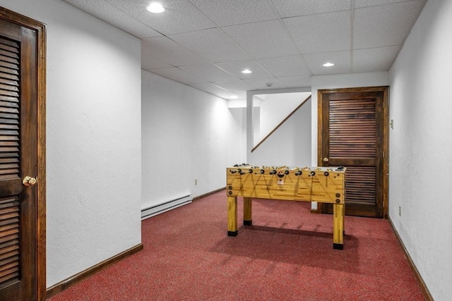 177 S St, Upton, MA 01568 - rec room featuring a baseboard radiator, carpet floors, recessed lighting, a drop ceiling, and baseboards