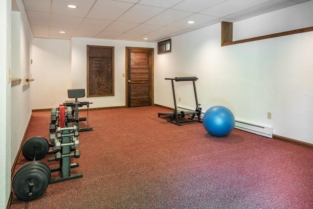 177 S St, Upton, MA 01568 - exercise room featuring a baseboard radiator, a paneled ceiling, baseboards, recessed lighting, and carpet flooring