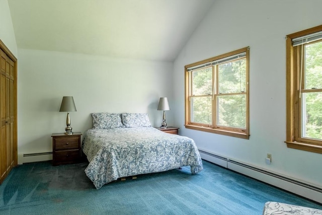 177 S St, Upton, MA 01568 - carpeted bedroom featuring a baseboard radiator, vaulted ceiling, and a closet