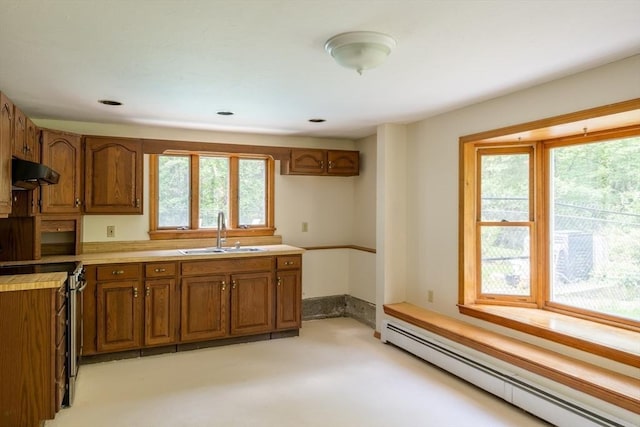 177 S St, Upton, MA 01568 - kitchen with a sink, a baseboard radiator, stainless steel electric range oven, and brown cabinets