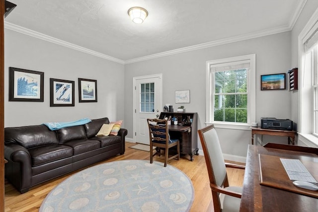 36 Village Way, Duxbury, MA 02332 - living room featuring wood finished floors, a desk, and ornamental molding