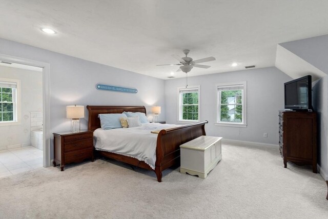 36 Village Way, Duxbury, MA 02332 - bedroom featuring multiple windows, light colored carpet, baseboards, recessed lighting, and a ceiling fan