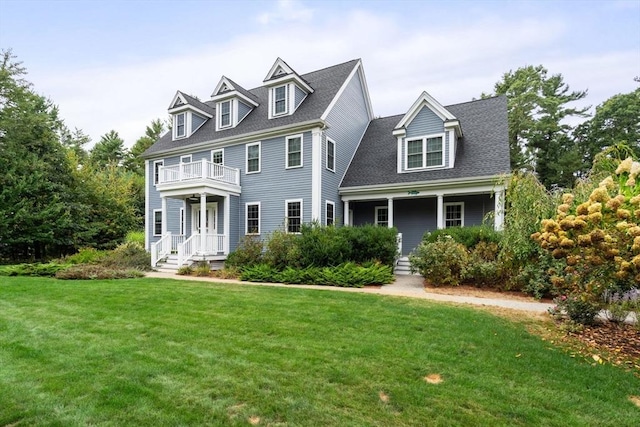 36 Village Way, Duxbury, MA 02332 - view of front of home with a front lawn, covered porch, a balcony, and a shingled roof