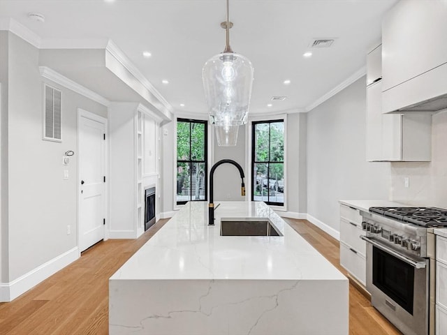 667 Tremont St Unit 2, Boston, MA 02118 - kitchen featuring high end range, a sink, light wood-type flooring, white cabinetry, and recessed lighting
