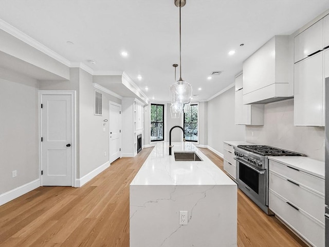 667 Tremont St Unit 2, Boston, MA 02118 - kitchen featuring high end stove, modern cabinets, a sink, light wood finished floors, and white cabinetry