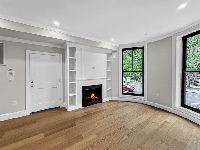667 Tremont St Unit 2, Boston, MA 02118 - unfurnished living room featuring ornamental molding, light wood finished floors, a lit fireplace, recessed lighting, and baseboards