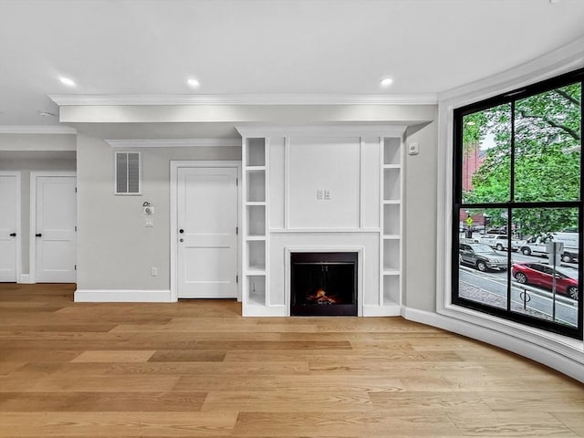 667 Tremont St Unit 2, Boston, MA 02118 - unfurnished living room with ornamental molding, baseboards, a lit fireplace, light wood-style flooring, and recessed lighting