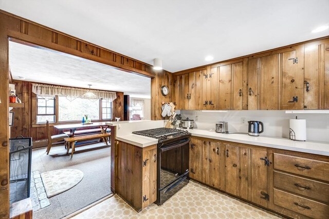 25 First Ave, Wellfleet, MA 02667 - kitchen featuring gas stove, a peninsula, light countertops, brown cabinets, and wood walls