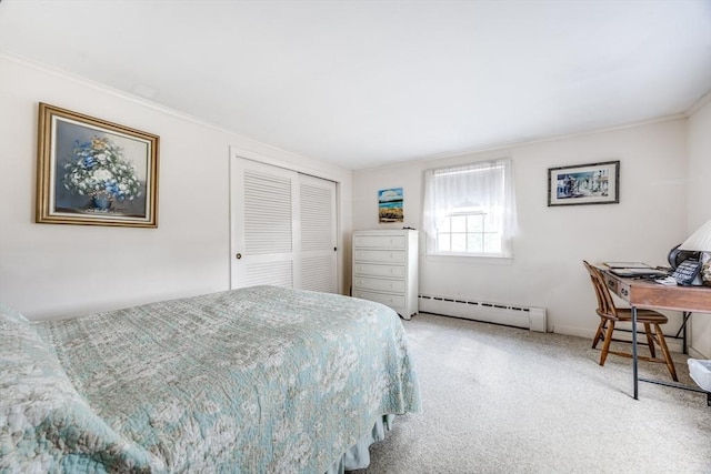 25 First Ave, Wellfleet, MA 02667 - bedroom featuring a baseboard radiator, carpet floors, ornamental molding, and a closet