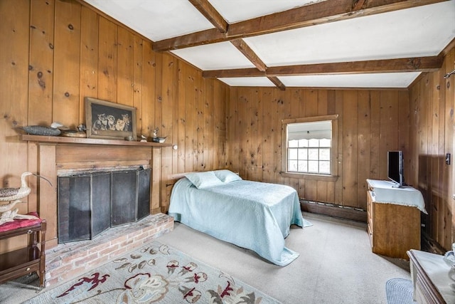 25 First Ave, Wellfleet, MA 02667 - bedroom featuring beam ceiling, baseboard heating, wood walls, a brick fireplace, and coffered ceiling