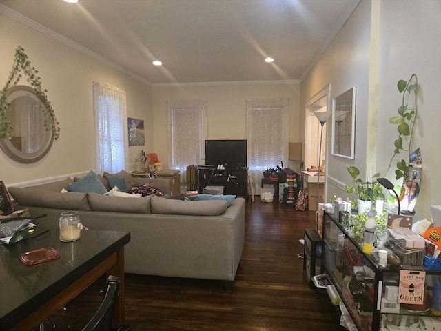 88 Esmond St, Boston, MA 02121 - living area featuring dark wood finished floors, ornamental molding, and recessed lighting