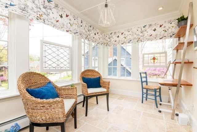 interior space featuring crown molding, baseboards, a wealth of natural light, a baseboard radiator, and stone tile flooring