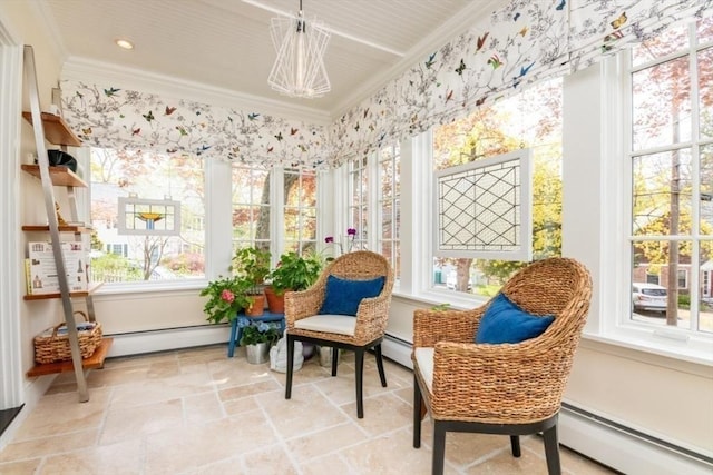 sunroom / solarium with crown molding, a baseboard radiator, and stone tile floors