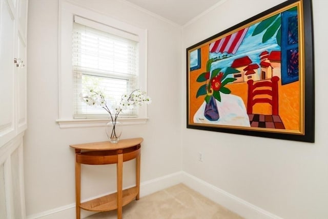 interior space featuring baseboards, ornamental molding, and carpet flooring