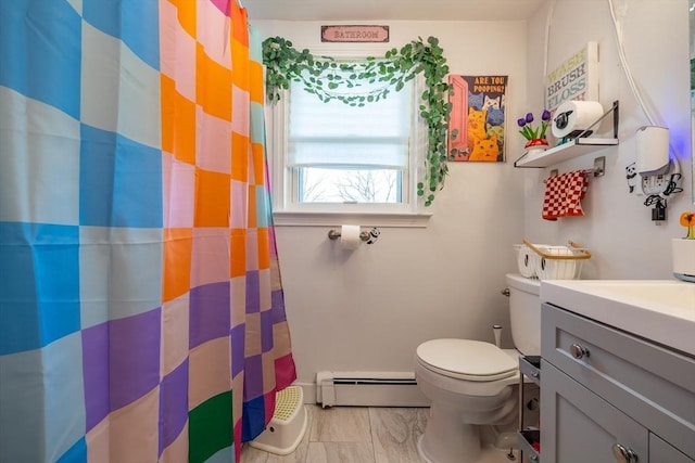 bathroom with vanity, marble finish floor, curtained shower, toilet, and a baseboard radiator
