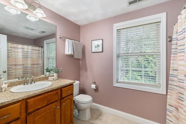 full bath with tile patterned flooring, baseboards, toilet, and vanity
